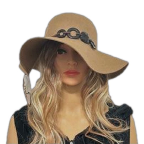 Scala 100% Wool Tan with Espresso/Brown/Black Gem Accent and Wide Brim - Picture 1 of 6